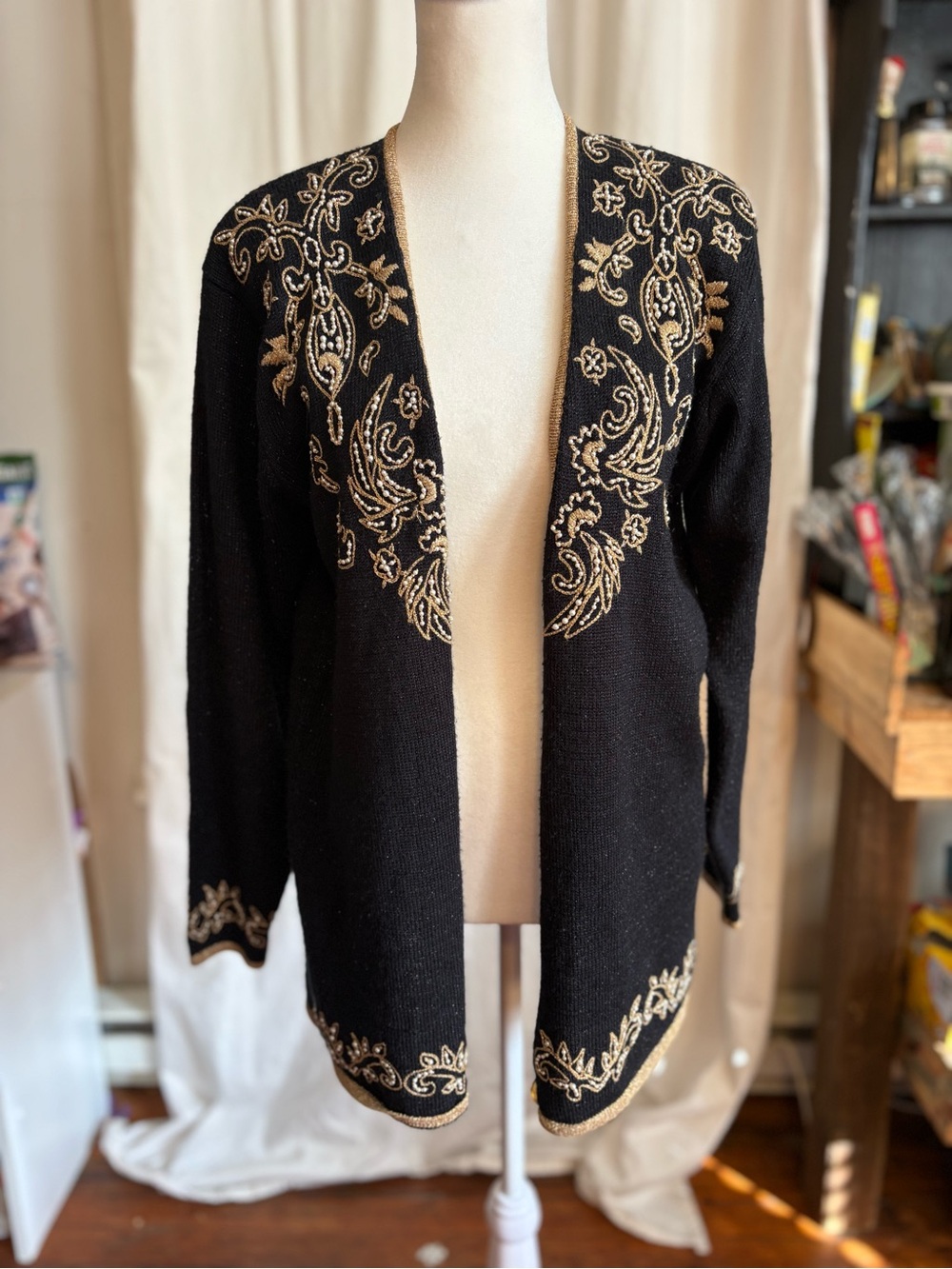 Jaclyn Smith Black Open-Front Cardigan with Gold Embroidered Trim